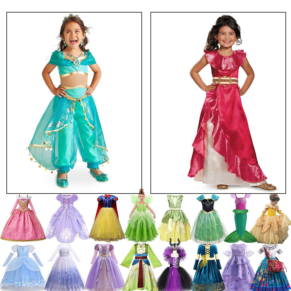 Kids New Year Party Dress up Princess Jasmine Costume Disney Fancy Cinderella Mermaid Ariel Cosplay