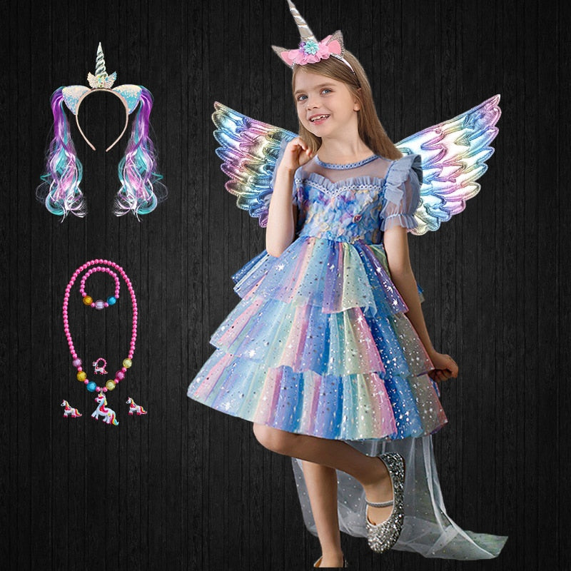 Halloween Fancy Girls Rainbow Shiny Tulle Unicorn Dress + Long Cloak