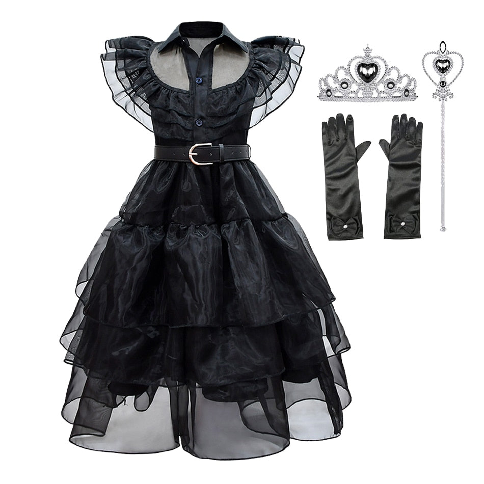 Wednesday Addams Cosplay Dress Kids Girls Costumes Black Gothic Dresses Children Halloween Party Clothes