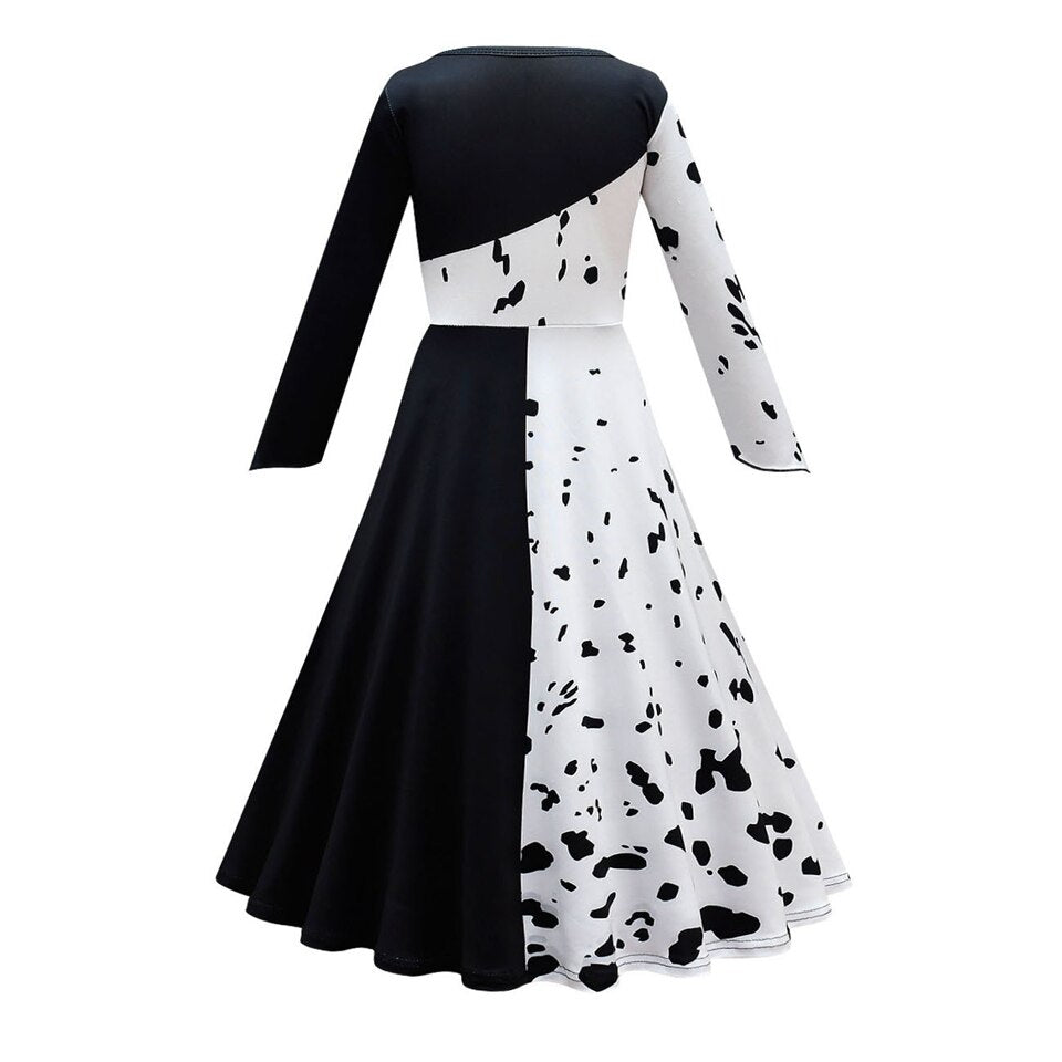 Halloween Cruella Dresses Girls Cosplay Costume Black & White Long Dress with Cape