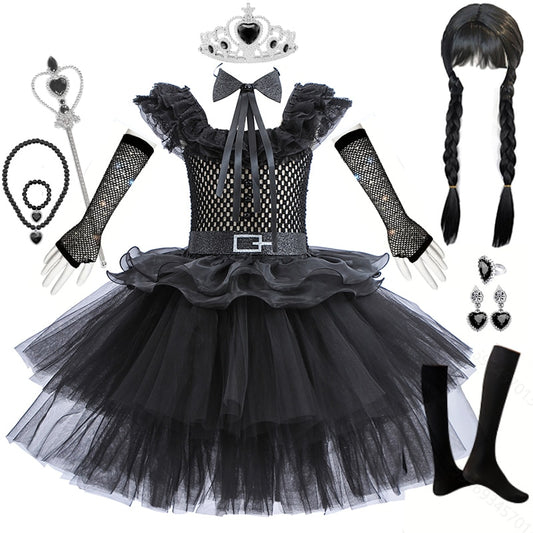 Wednesday Cosplay Princess Dress For Girls Costume 2023 Halloween Tie Tulle TuTu Dresses Black Gothic Kids Evening Party Clothes