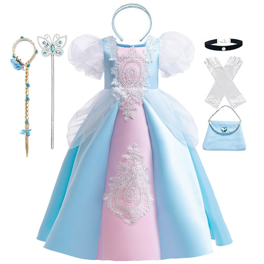 Disney New Fancy Cinderella Puff Sleeve Lace Ball Gown Princess Dress for Girls