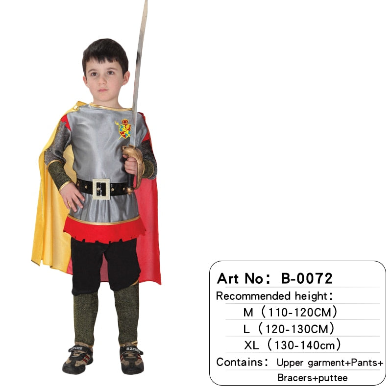 Halloween Kids Boys Royal Warrior Knight Costumes, Children Medieval Roman attached Cape Carnival Party No Weapon