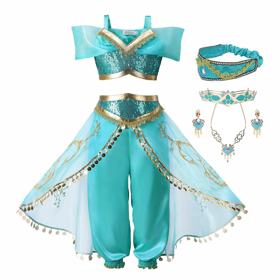 Jasmine Dress Aladdin Princess with accessories including Magic Lamp, Carnival Clothing, Halloween Party Cosplay Costume