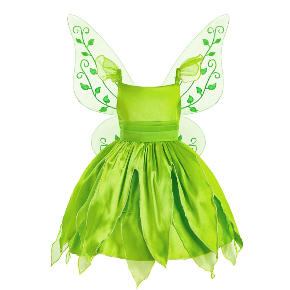 Girls Flower Fairy Dress Up Kids Princess, Tinker Bell Dress With Wings Halloween Princess Costume Party Dress