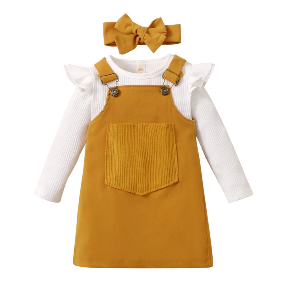 Newborn Baby Girl Pocket Suspender Skirts with  Long Sleeve Bodysuit & Headband