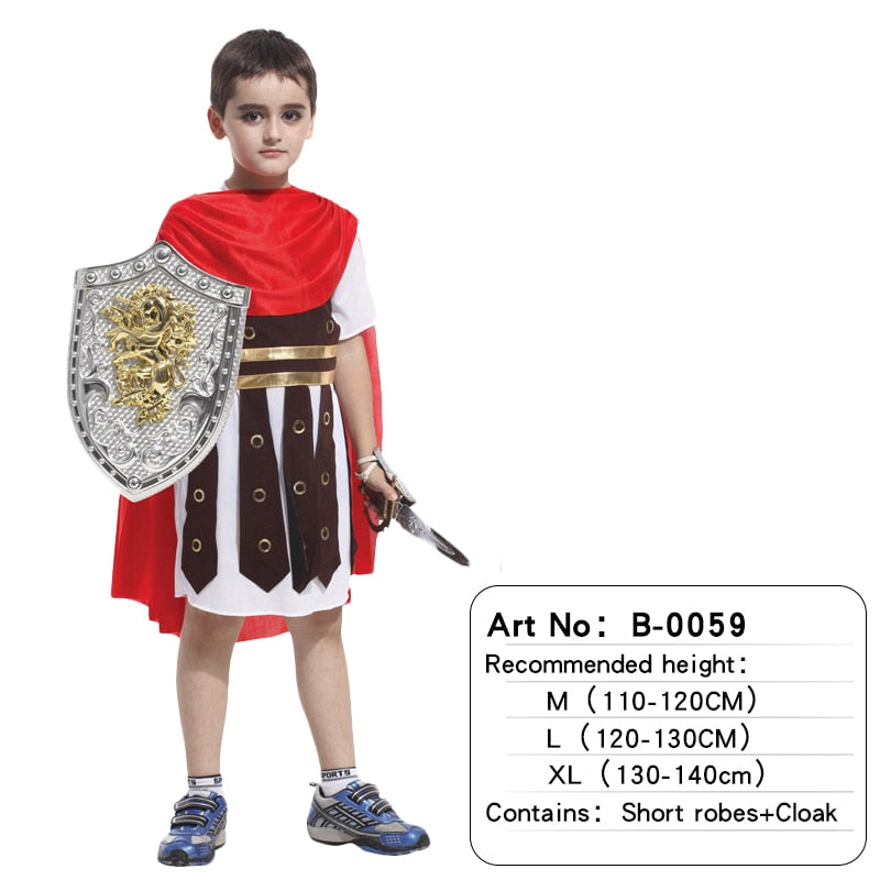 Halloween Kids Boys Royal Warrior Knight Costumes, Children Medieval Roman attached Cape Carnival Party No Weapon