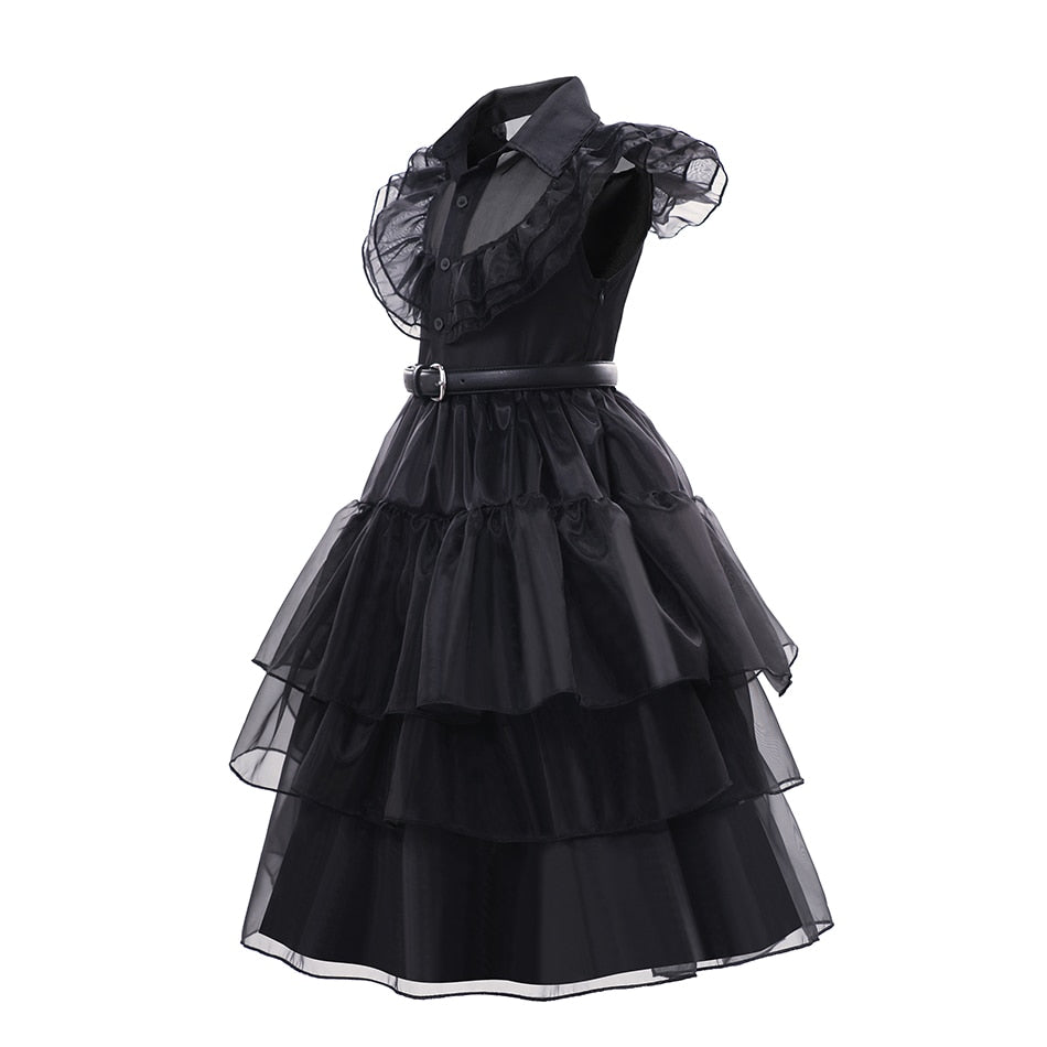 Ruched Puffy Black Dress Wednesday Addams Cosplay Costume