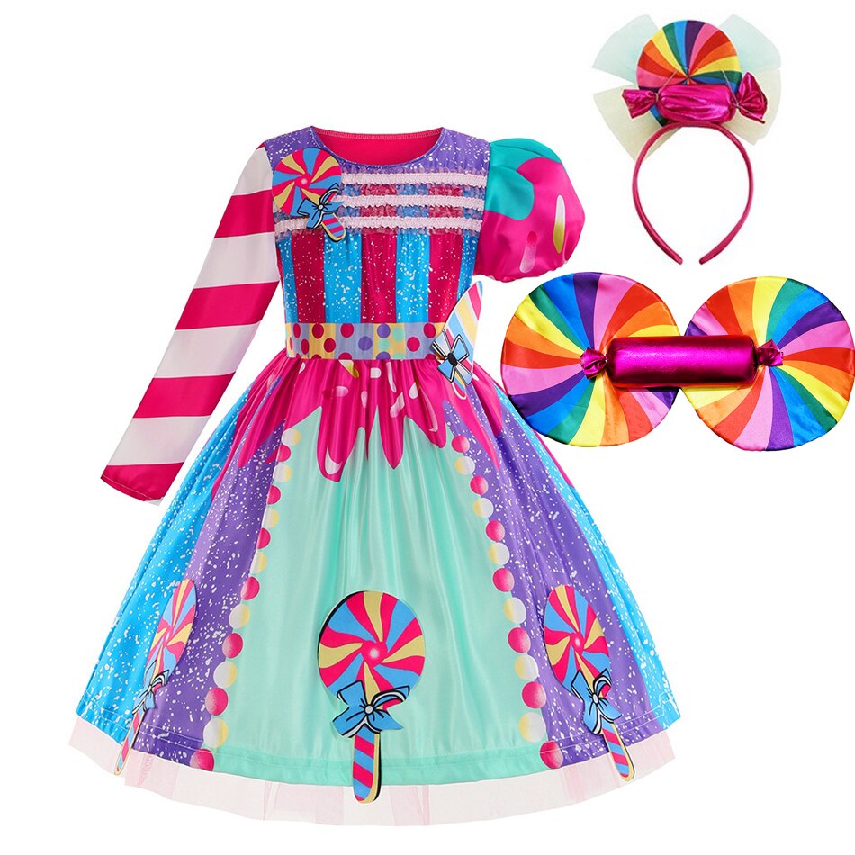 Rainbow Candy Princess Dress Girls Ball Lollipop Purim Costume for Kids with Headband Holiday Birthday Party Clothes Outfits