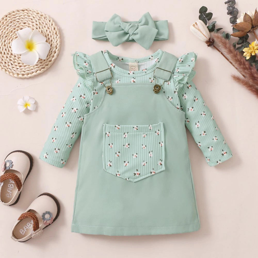 Newborn Baby Girl Pocket Suspender Skirts with  Long Sleeve Bodysuit & Headband