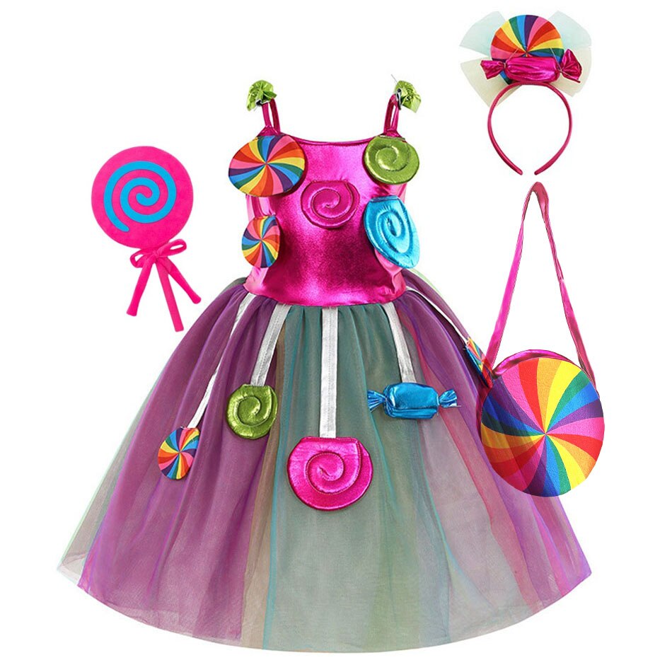 Rainbow Candy Princess Dress Girls Ball Lollipop Purim Costume for Kids with Headband Holiday Birthday Party Clothes Outfits