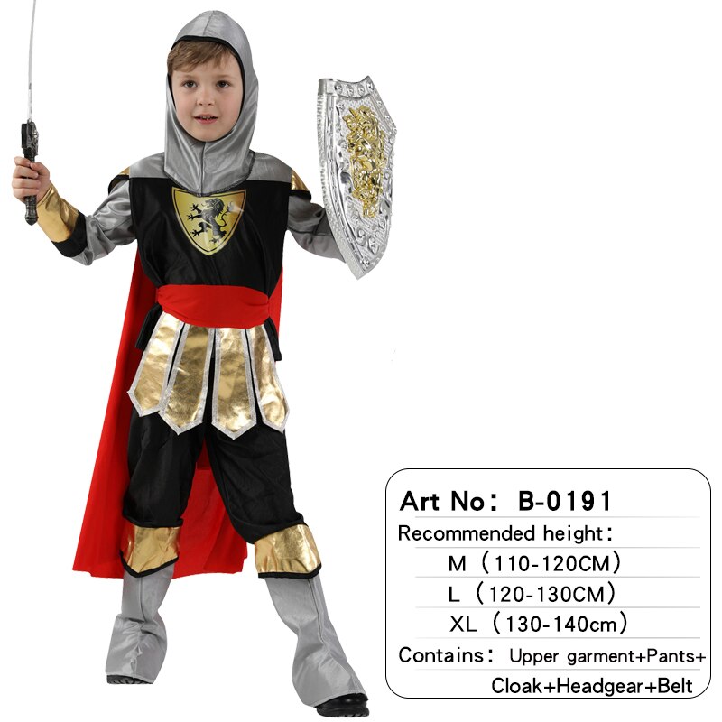 Halloween Kids Boys Royal Warrior Knight Costumes, Children Medieval Roman attached Cape Carnival Party No Weapon