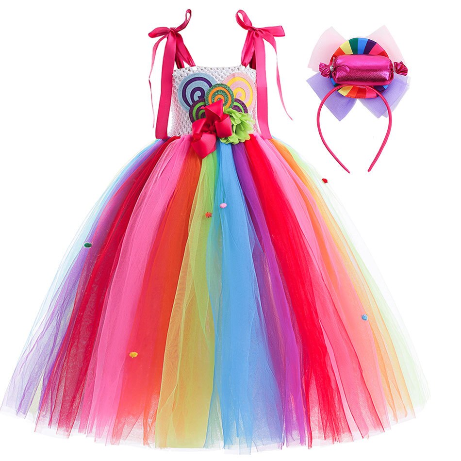 Rainbow Candy Princess Dress Girls Ball Lollipop Purim Costume for Kids with Headband Holiday Birthday Party Clothes Outfits